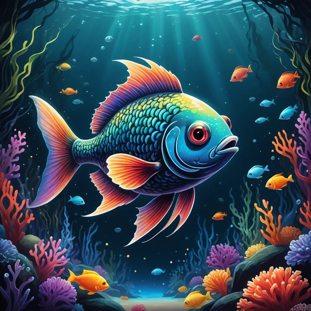 a fish swimming in the ocean with corals and other marine life around it illustration by john williams for the children's book, psychedelic art, computer graphics, Cyril Rolando, highly detailed digital painting