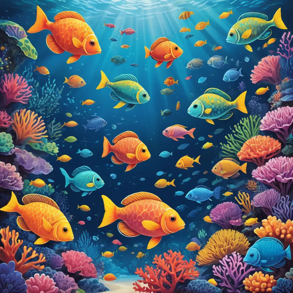 a painting of a group of fish swimming in the ocean with corals and algaes around it, with a sunbeam in the background, fantasy art, computer graphics, Chris LaBrooy, highly detailed digital painting