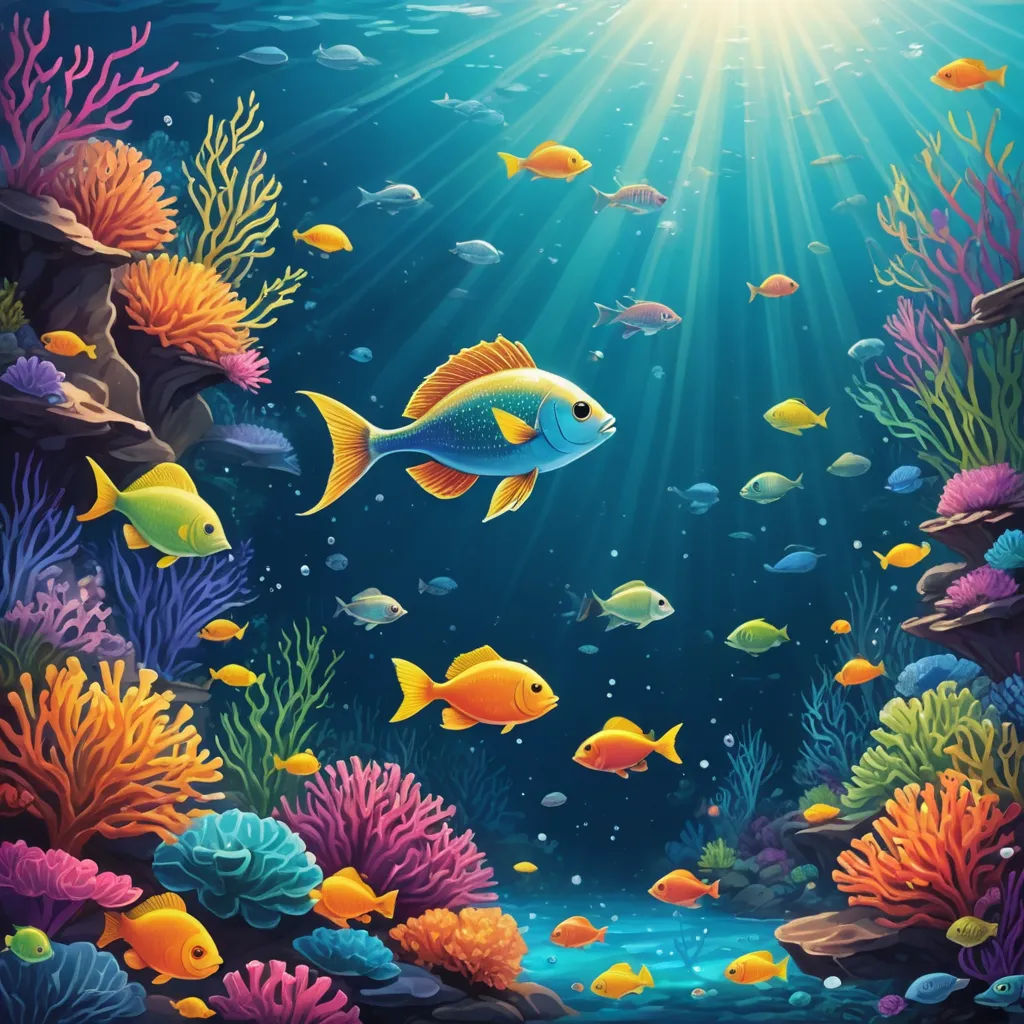 a painting of a fish and corals in a blue sea with sunlight shining through the water's surface, fantasy art, computer graphics, David Martin, highly detailed digital painting