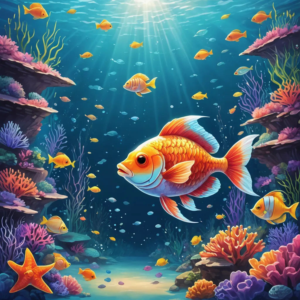 a painting of a fish in a sea with corals and other fish swimming around it, with sunlight shining through the water, fantasy art, computer graphics, Art & Language, highly detailed digital painting