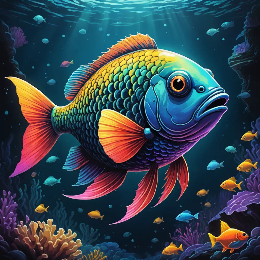a colorful fish swimming in the ocean with a light shining on it's side and a fish swimming in the water, psychedelic art, computer graphics, Dan Mumford, highly detailed digital painting