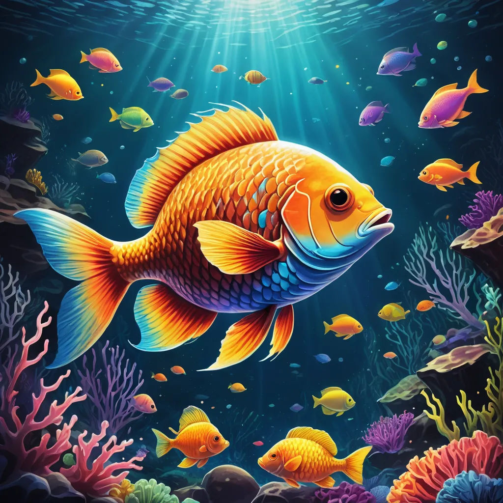 a painting of a fish swimming in the ocean with corals and other fish around it, under a bright blue sky, psychedelic art, computer graphics, Aquirax Uno, highly detailed digital painting
