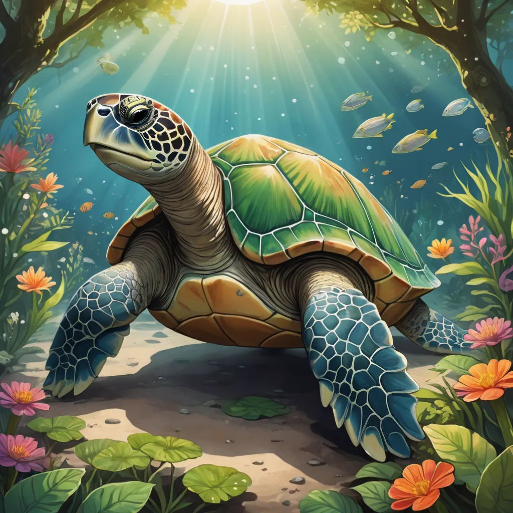 a turtle in the middle of a forest with flowers and leaves around it, under the sunbeams, fantasy art, a digital painting, Dan Mumford, highly detailed digital painting