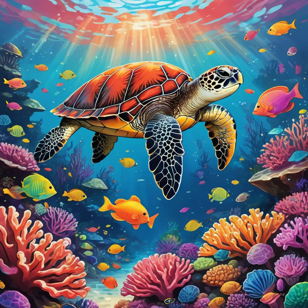 a painting of a turtle swimming in the ocean with fish and corals around it, with sunlight streaming through the water, computer art, an airbrush painting, Chris LaBrooy, highly detailed digital painting