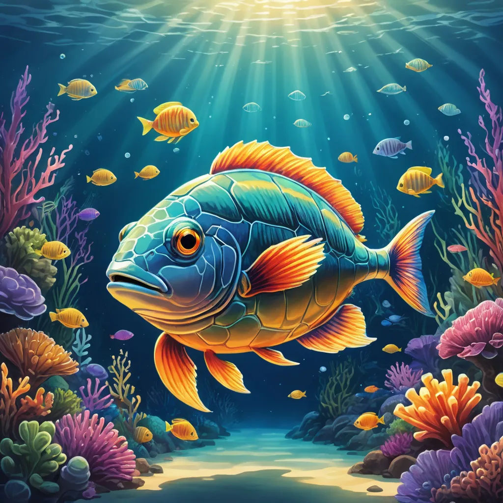 a painting of a fish swimming in the ocean with corals and other fish around it, under the water, psychedelic art, an airbrush painting, Cyril Rolando, highly detailed digital painting