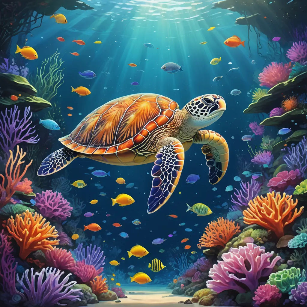 a painting of a turtle swimming in the ocean with corals and other fish around it, with sunlight streaming through the water, fantasy art, an airbrush painting, Dan Mumford, highly detailed digital painting