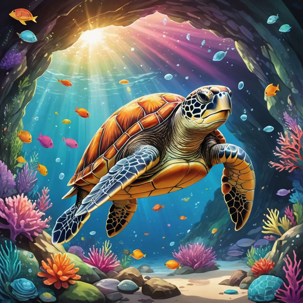 a turtle swimming in a cave with corals and other marine life around it illustration by john wylock, fantasy art, an airbrush painting, Dan Mumford, highly detailed digital painting