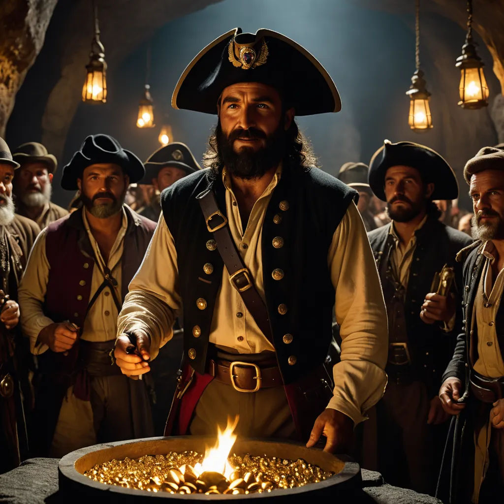 a man in a pirate costume holding a lit candle in front of a group of men in costume and hats, renaissance, a poster, Diego Gisbert Llorens, promotional image