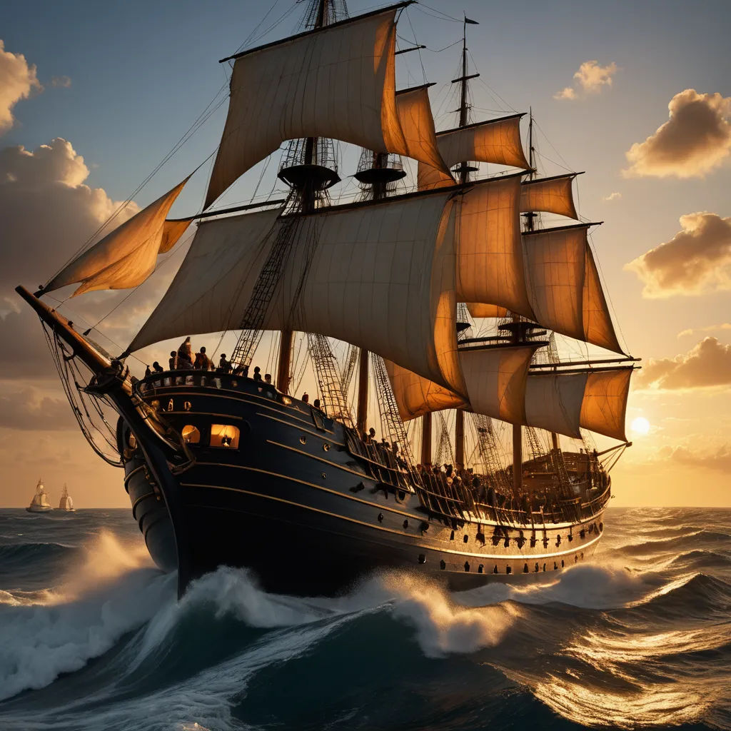 a large boat sailing through the ocean at sunset with a lot of sails on it's sails and a lot of people on it, american romanticism, a detailed matte painting, Fitz Hugh Lane, photoreal