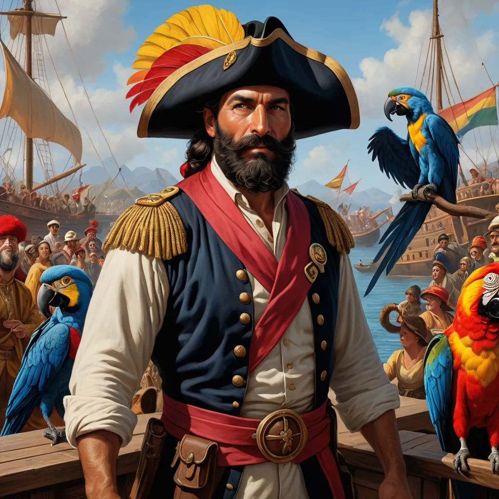 a painting of a man in a pirate costume with parrots on his shoulder and a ship in the background, fantasy art, a character portrait, Chris LaBrooy, highly detailed digital painting