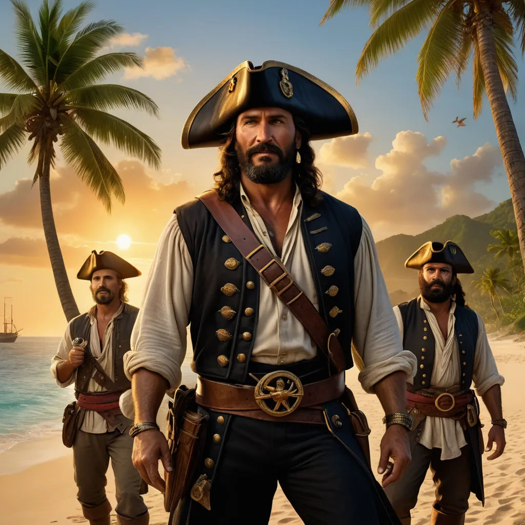 a group of men in pirate costumes on a beach with palm trees in the background and a ship in the distance, private press, a poster, Chris LaBrooy, promotional image