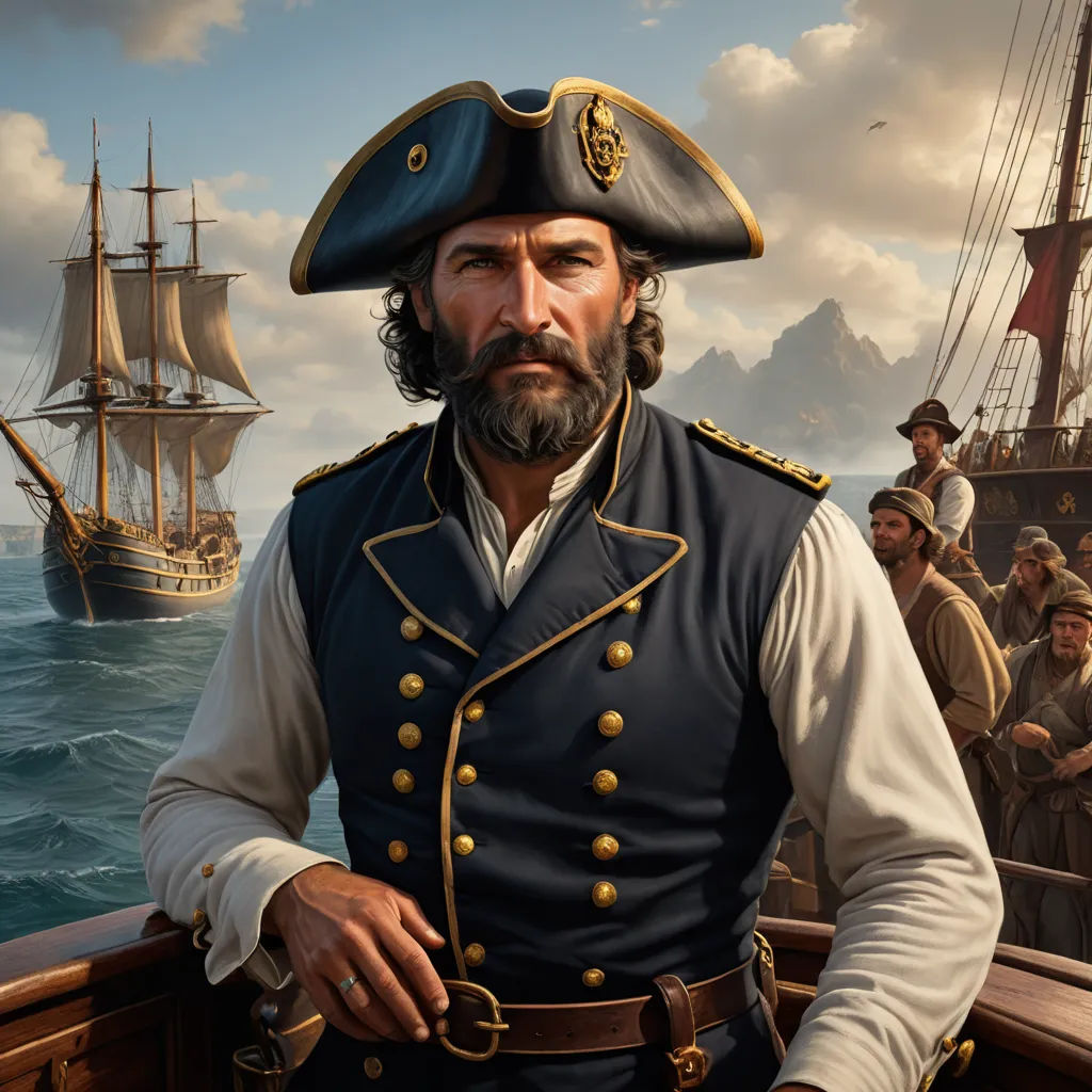 a painting of a man in a pirate costume on a boat with a group of people in the background, american scene painting, a character portrait, Chris LaBrooy, realistic character concept