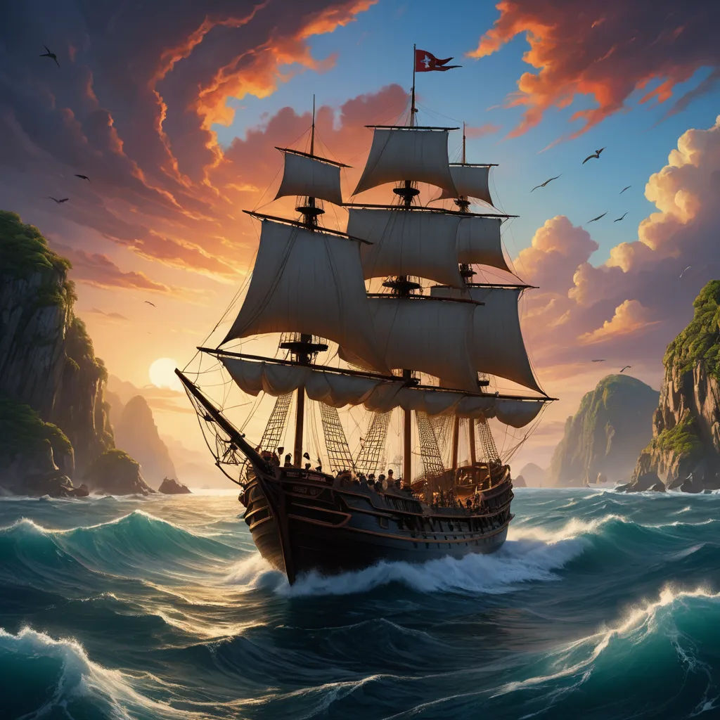 a painting of a ship sailing in the ocean at sunset with a bird flying over it and a bird flying over the water, fantasy art, a detailed matte painting, Cyril Rolando, highly detailed digital painting