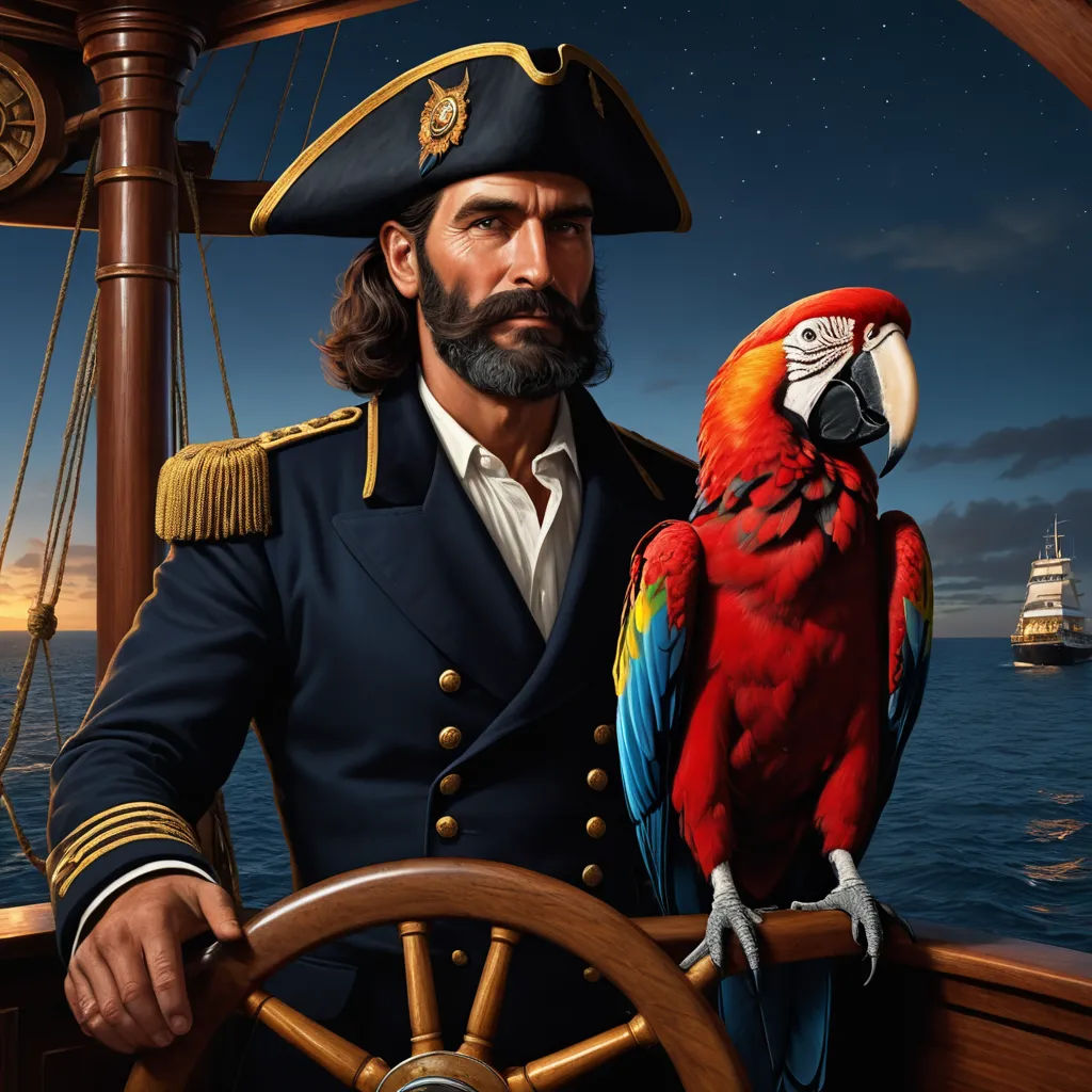 a man in a pirate costume and a parrot on a boat steering wheel with a ship in the background, american scene painting, a character portrait, Chris LaBrooy, character portrait