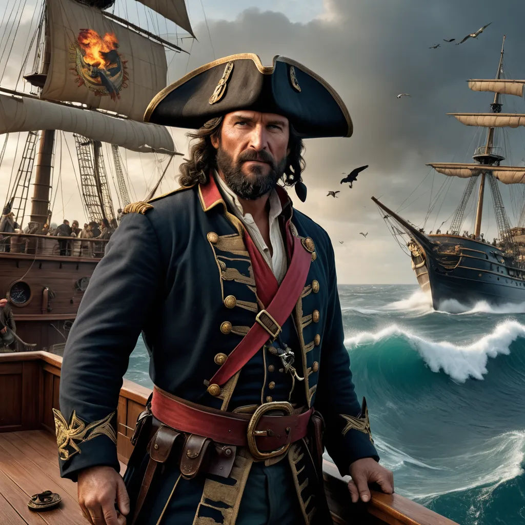 a man in a pirate costume standing on a boat in the ocean with a bird flying over him and a ship in the background, american scene painting, a detailed matte painting, David Macaulay, promotional image