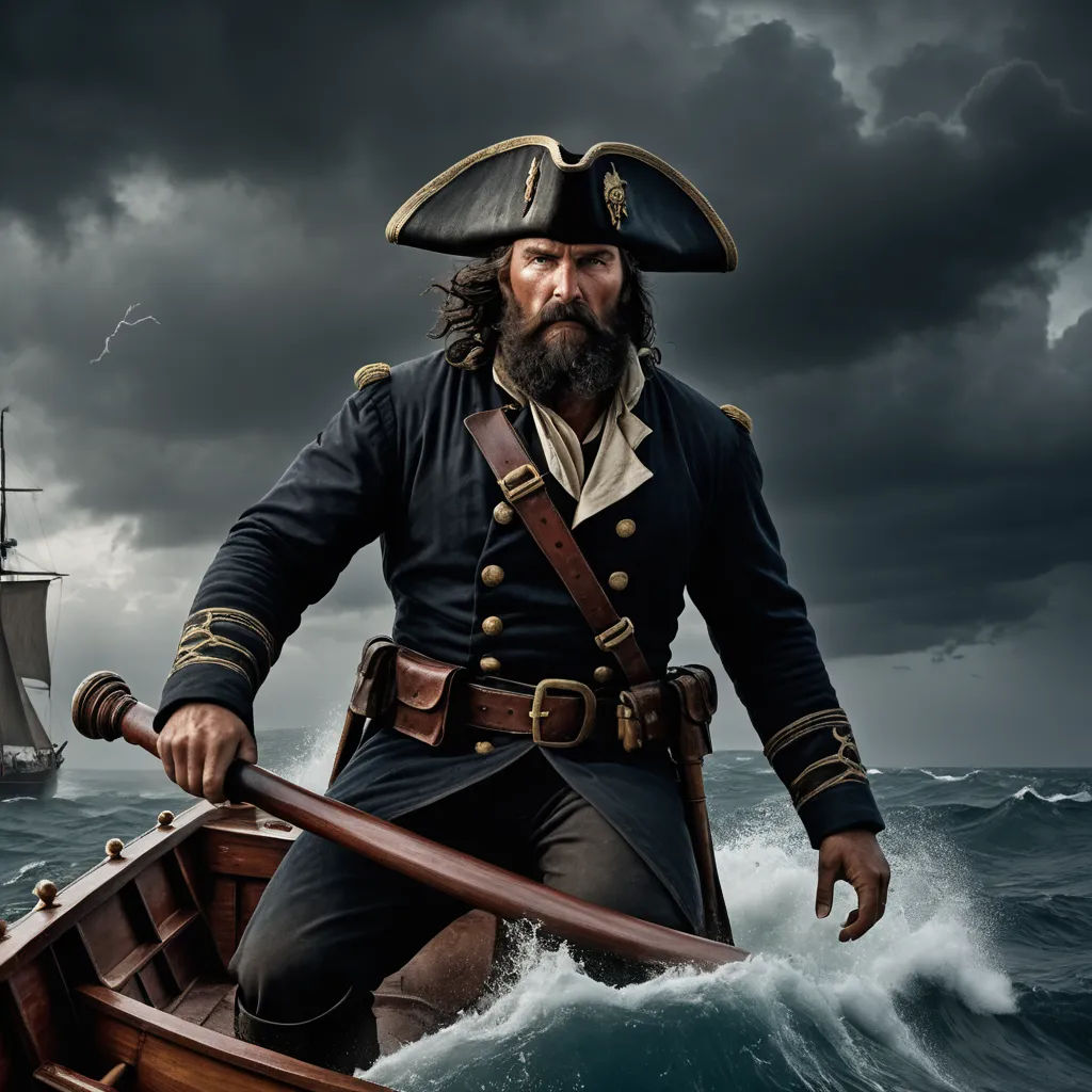 a man in a pirate costume is in a boat in the ocean with a storm behind him and a ship in the distance, american scene painting, a detailed matte painting, Diego Gisbert Llorens, promotional image