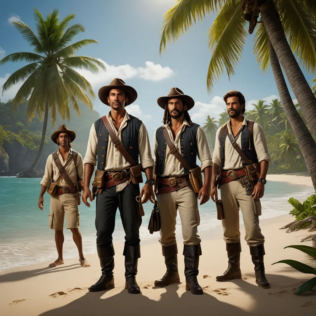 three men in pirate costumes standing on a beach with palm trees in the background and a blue sky in the background, photorealism, concept art, Chris LaBrooy, promotional image