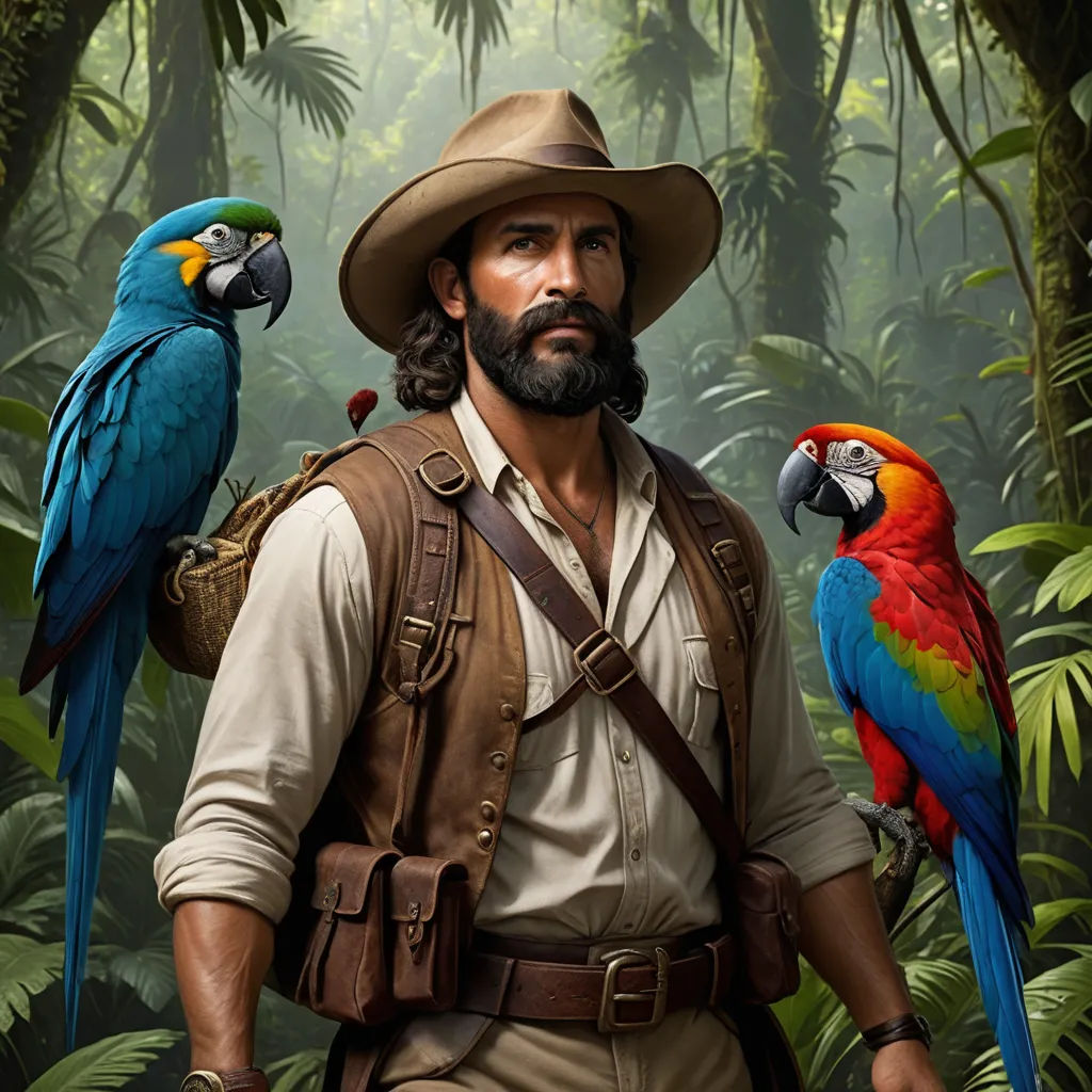 a man in a hat and vest with two parrots on his shoulder and a parrot on his shoulder, primitivism, a character portrait, Chris LaBrooy, promotional image