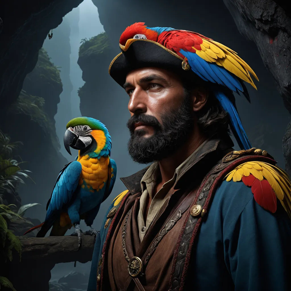 a man with a parrot on his shoulder and a parrot on his shoulder, in a cave with a cave background, photorealism, a character portrait, Eddie Mendoza, character portrait