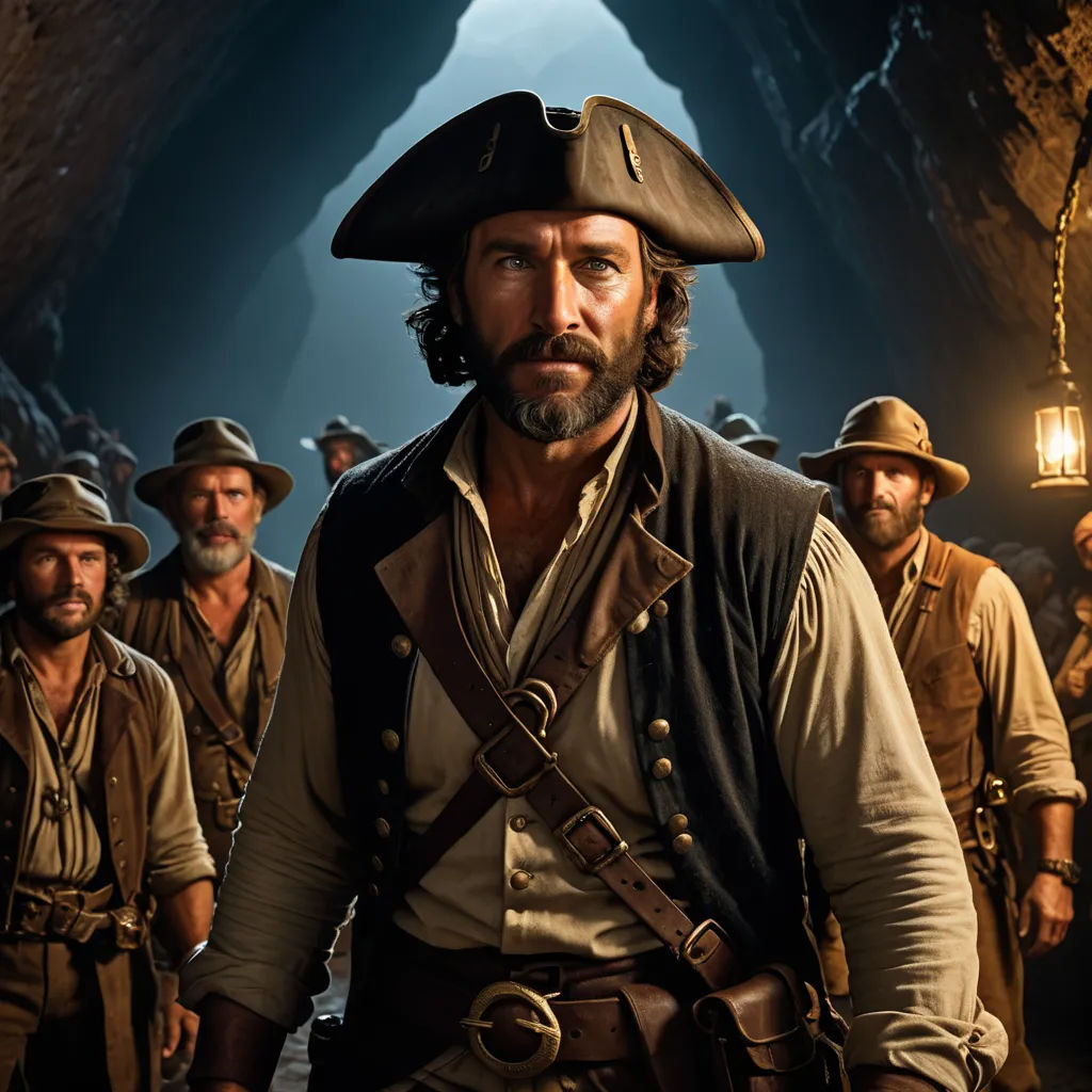 a group of men in pirate costumes standing in a cave with a lantern in the background and a man in a hat on his head, primitivism, a poster, Alexander Brook, promotional image