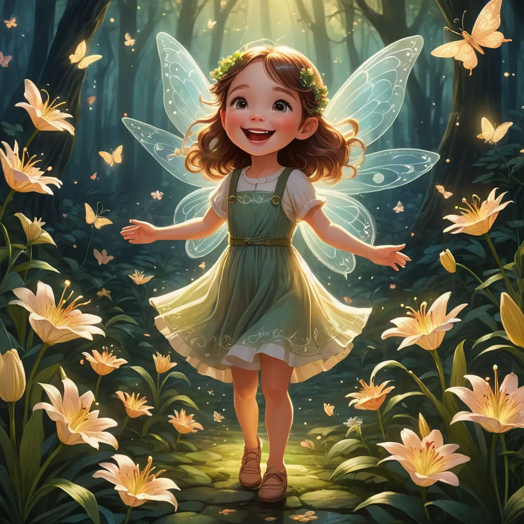 a little girl dressed in a green dress and smiling in a forest with butterflies around her and a butterfly in her hair, fantasy art, a storybook illustration, Chris Rallis, rossdraws global illumination