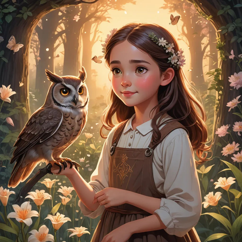 a girl holding an owl in a forest with flowers and butterflies around her head and a sunbeam in the background, fantasy art, a storybook illustration, Artgerm, rossdraws global illumination