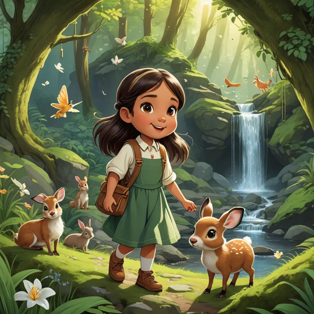 a girl in a forest with deers and a waterfall in the background with butterflies flying around her and a waterfall in the background, furry art, a storybook illustration, Daphne McClure, promotional image