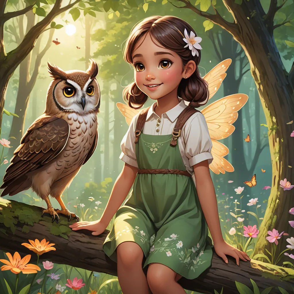 a girl sitting on a branch with an owl on her shoulder and a forest background with flowers and butterflies, fantasy art, a storybook illustration, Clint Cearley, kinkade