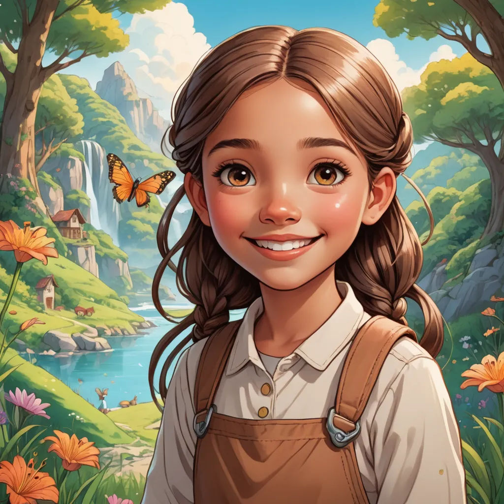 a girl with a butterfly on her shoulder and a forest background with flowers and a waterfall in the background, fantasy art, a character portrait, Alice Prin, kinkade