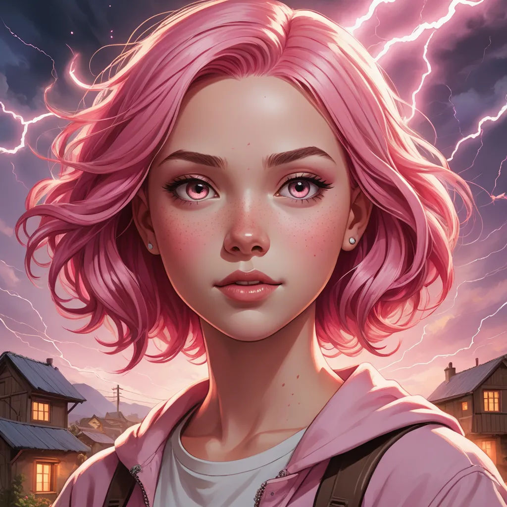 a girl with pink hair and lightning in the background, with a house in the background and a pink sky with lightning, shock art, a character portrait, Artgerm, stanley artgerm lau