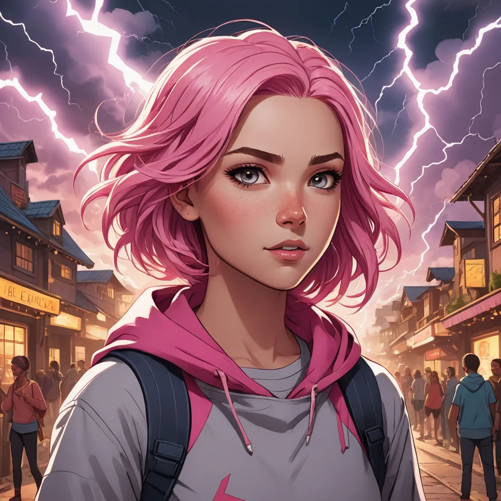 a girl with pink hair and a backpack on a street with lightning in the background and a crowd of people, shock art, a character portrait, Artgerm, rossdraws global illumination