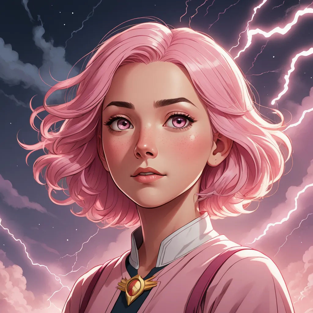 a woman with pink hair and lightning in the background, with a pink hair and a blue shirt on, fantasy art, a character portrait, Charlie Bowater, rossdraws global illumination