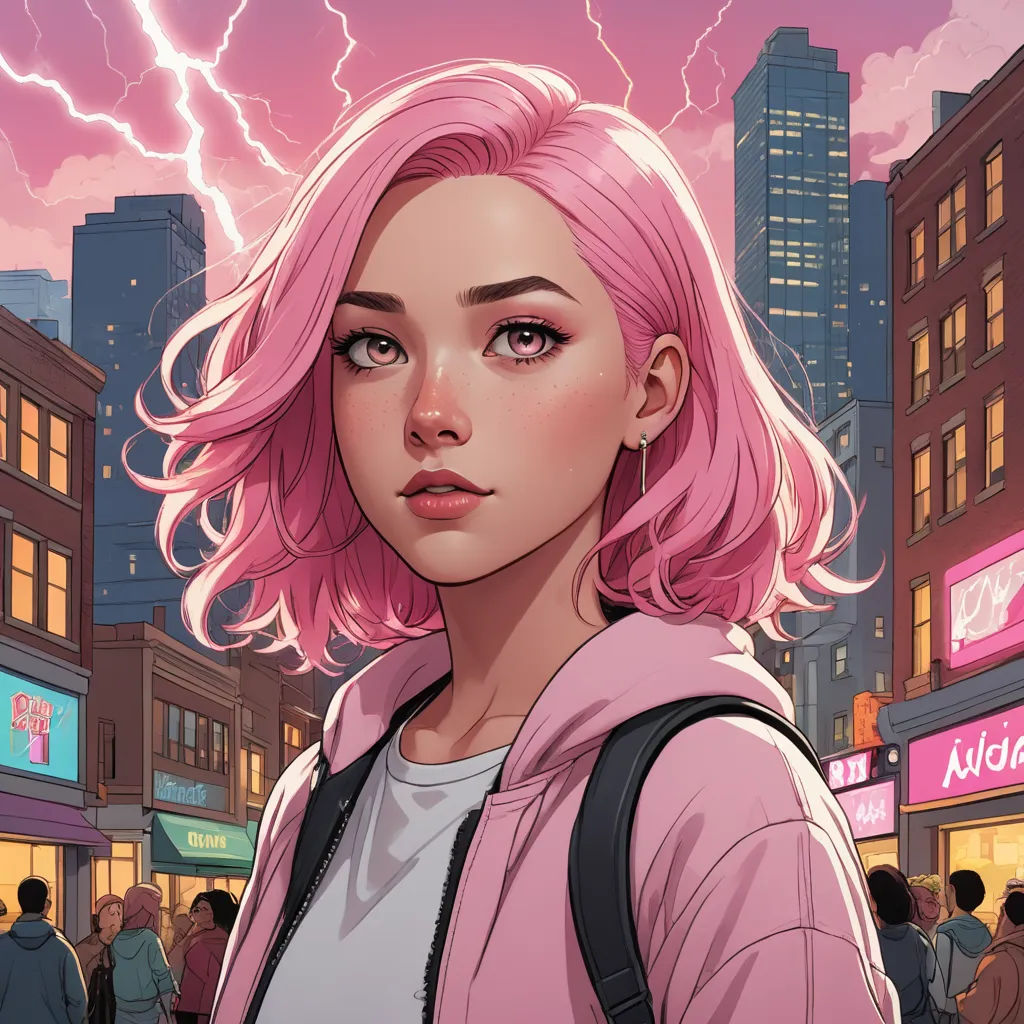 a woman with pink hair standing in front of a city street with a lightning bolt in the background and a pink sky, shock art, a comic book panel, Artgerm, rossdraws global illumination