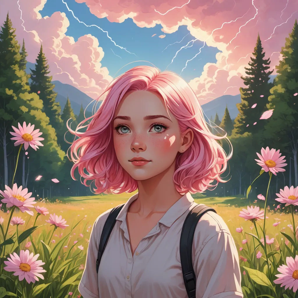 a painting of a girl with pink hair and a pink shirt in a field of flowers with a sky background, fantasy art, a detailed painting, Artgerm, rossdraws global illumination