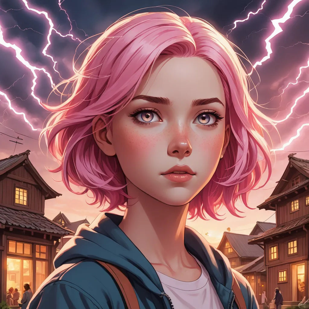 a girl with pink hair and a blue jacket is standing in front of a house with lightning in the background, shock art, a character portrait, Charlie Bowater, rossdraws global illumination