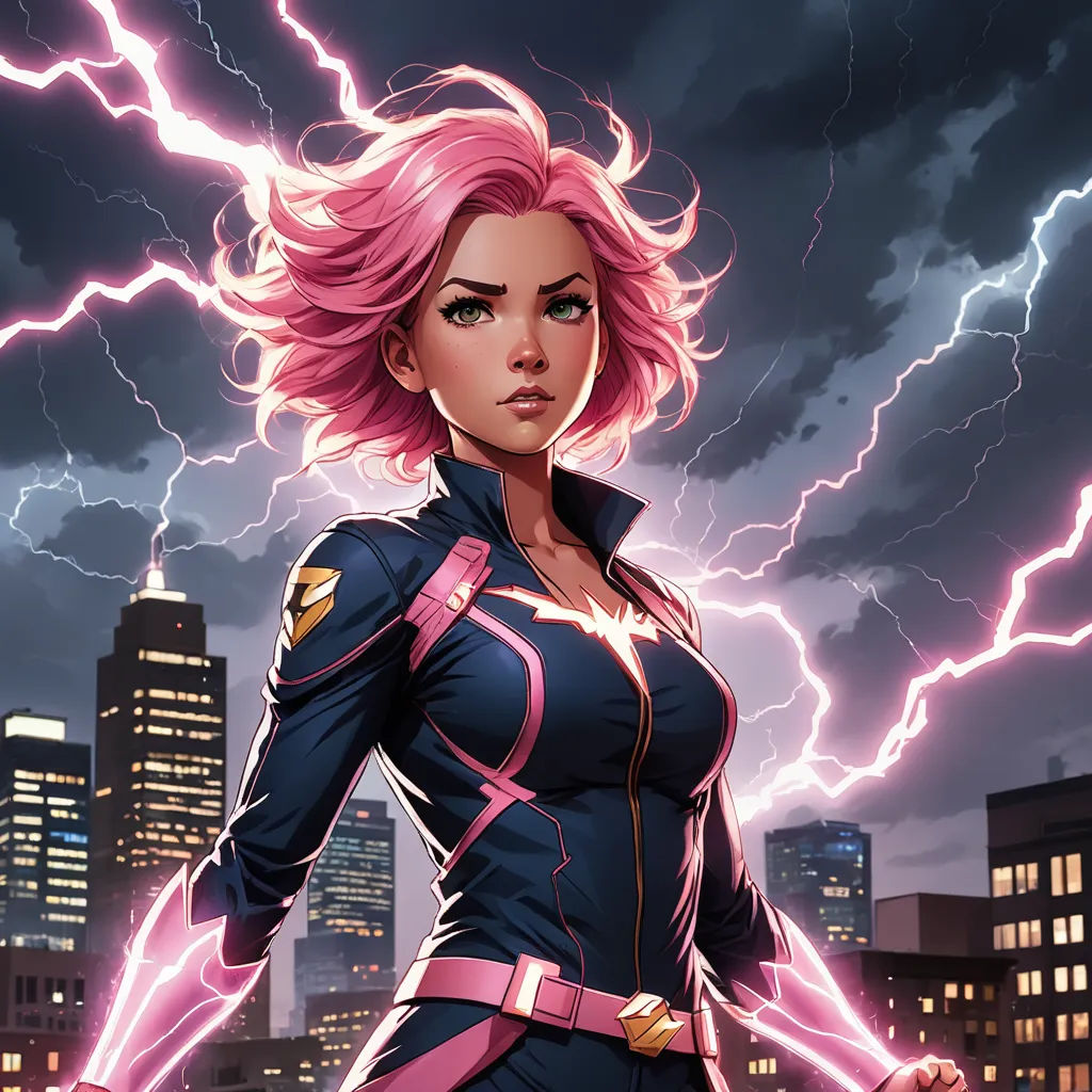 a woman in a blue suit with pink hair and lightning in the background, with a city skyline in the foreground, shock art, a comic book panel, Artgerm, lightning