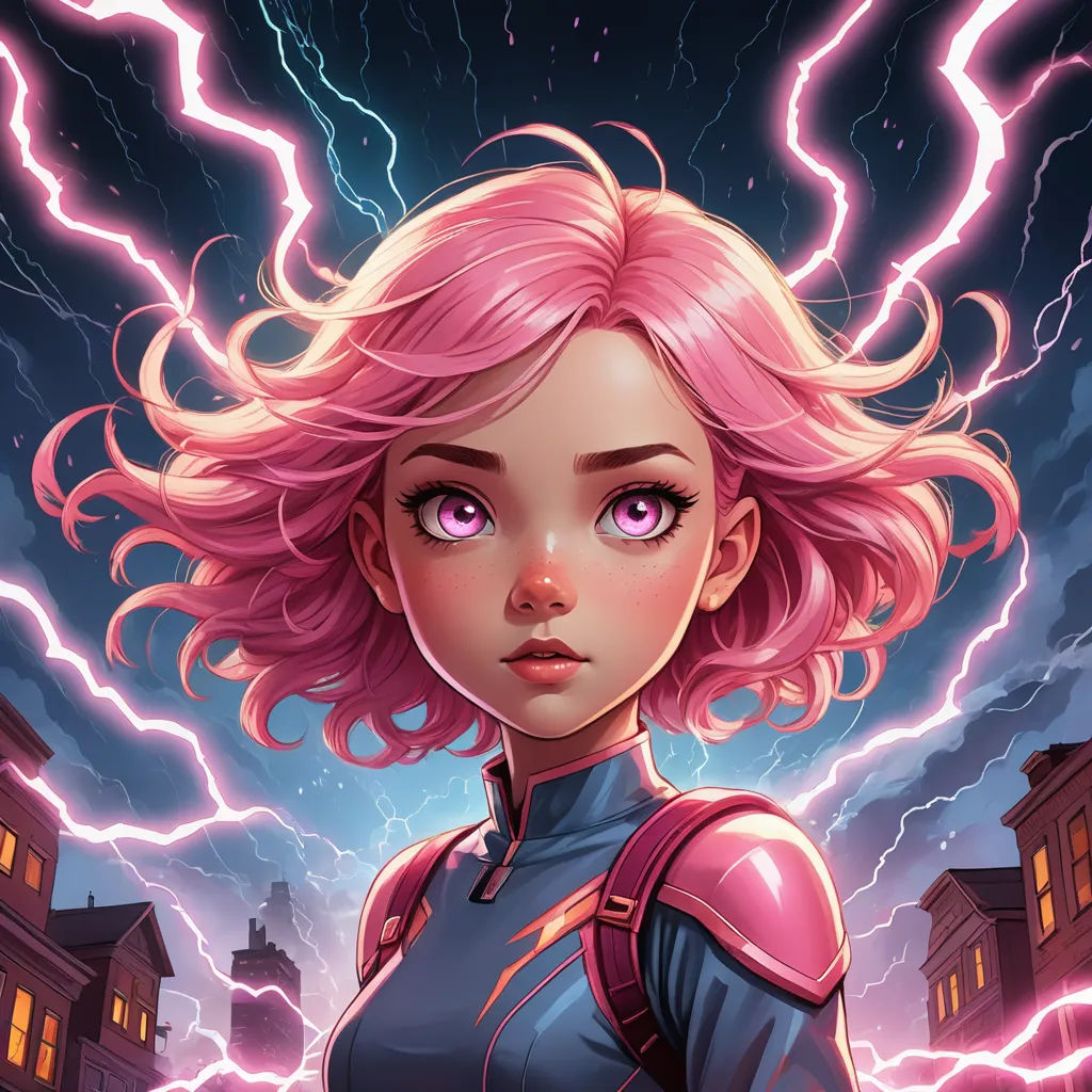 a girl with pink hair and lightning in the background, with lightning behind her, and a cityscape, shock art, a comic book panel, Artgerm, rossdraws global illumination