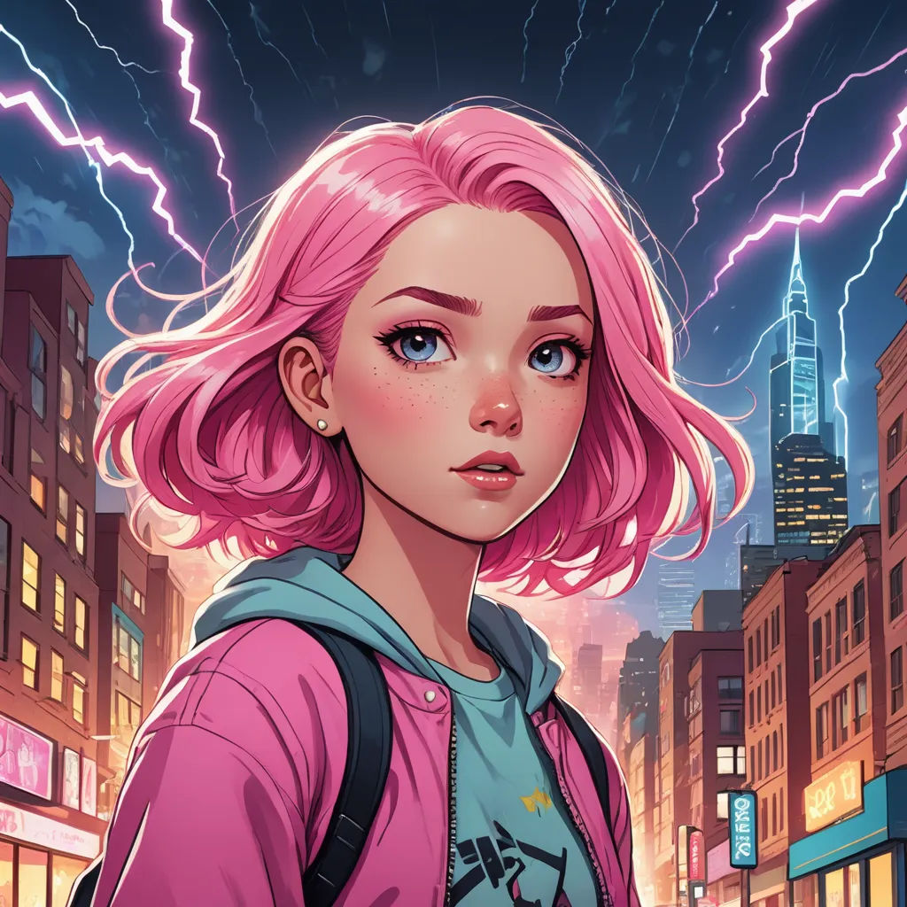 a girl with pink hair and a backpack on a city street with lightning in the background and a skyscraper, shock art, a comic book panel, Artgerm, rossdraws global illumination