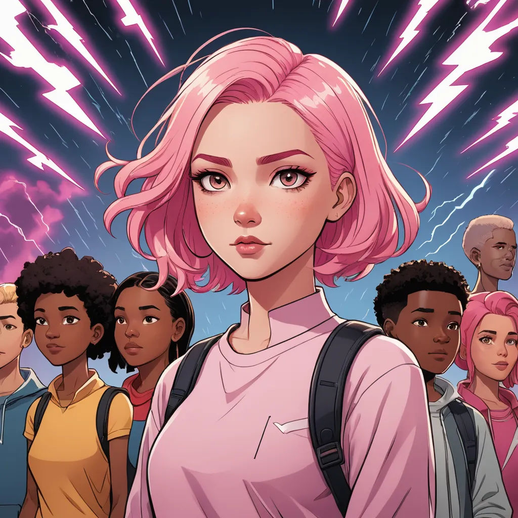 a cartoon of a woman with pink hair surrounded by other people and lightning strikes in the background, with a pink hair, shock art, a comic book panel, Artgerm, comic cover art