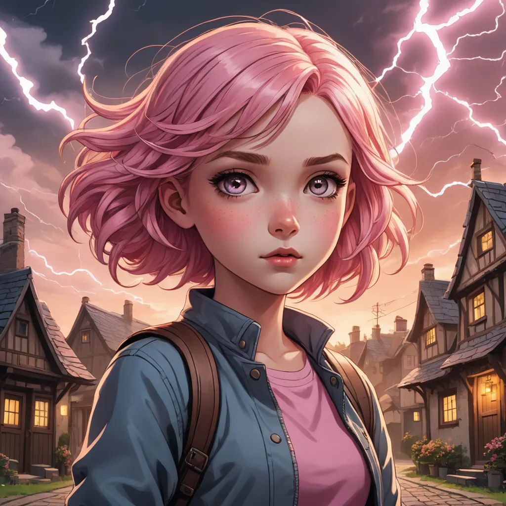 a girl with pink hair and a backpack standing in front of a house with lightning in the background and a pink hair, fantasy art, a character portrait, Charlie Bowater, rossdraws global illumination