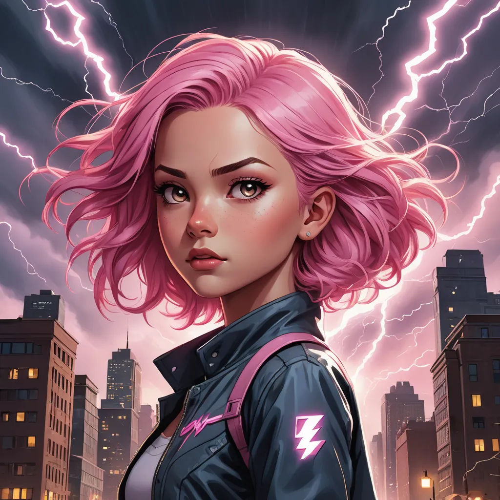 a woman with pink hair and lightning in the background, with a city skyline in the background, and a lightning bolt in the sky, shock art, a comic book panel, Artgerm, comic cover art