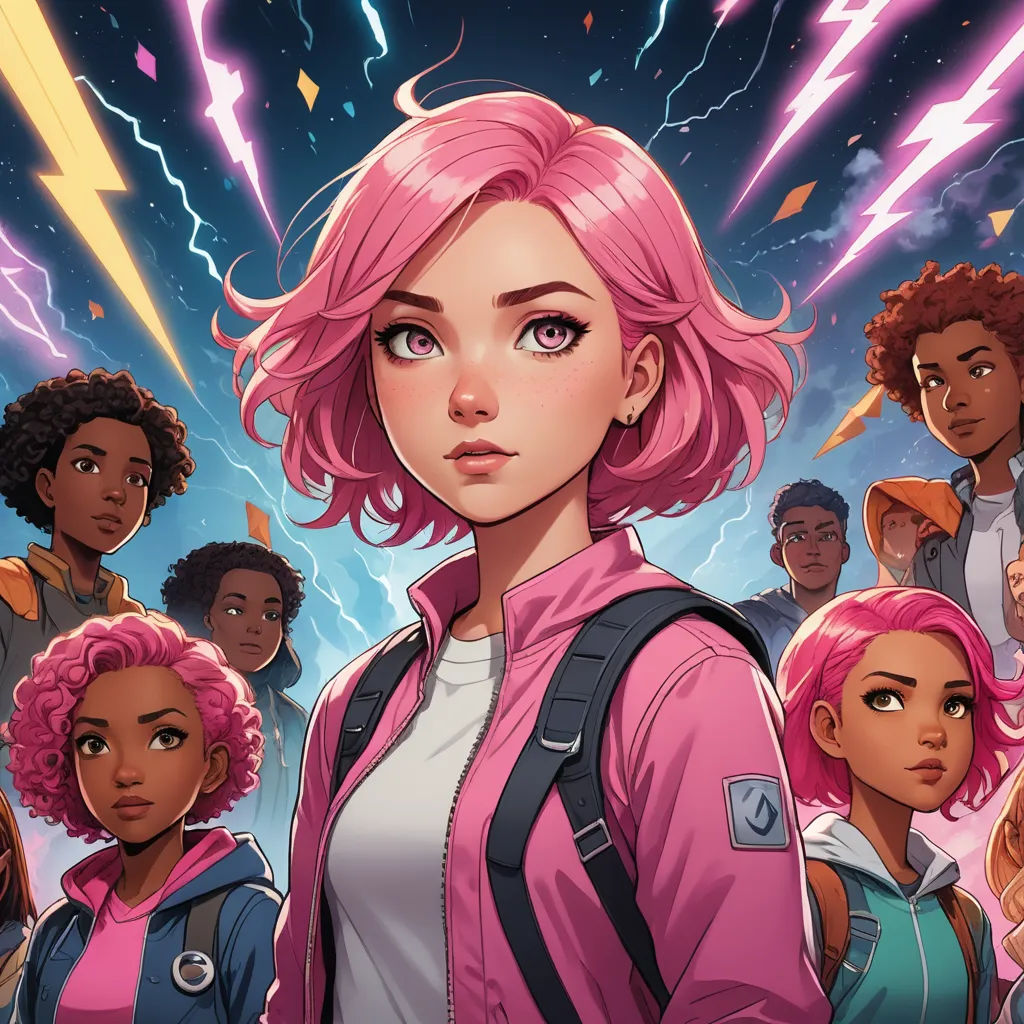 a group of people standing in front of a lightning background with pink hair and a pink jacket on, and a pink hair and white shirt, shock art, poster art, Artgerm, comic cover art
