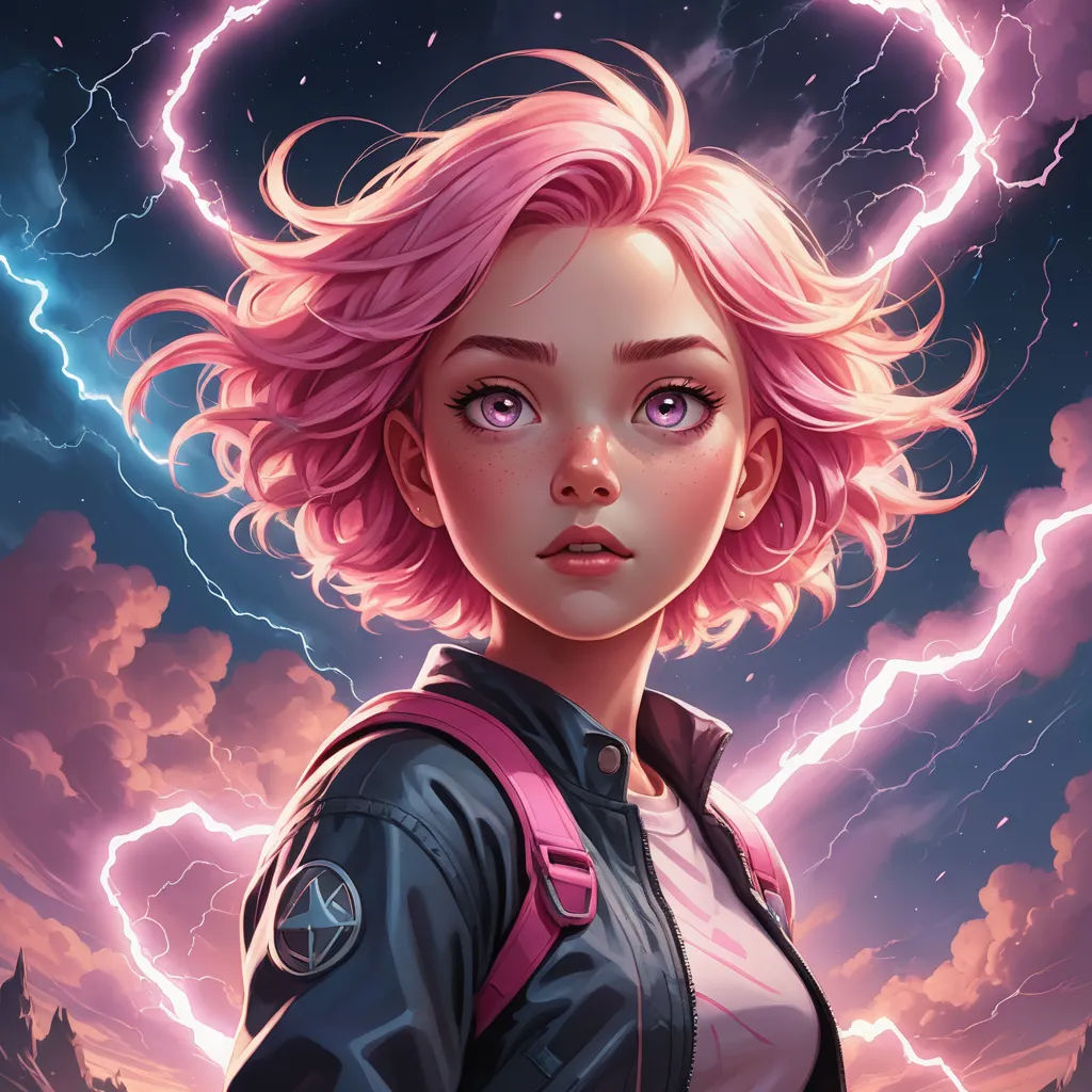 a girl with pink hair and lightning in the background, with lightning behind her, and a pink backpack, shock art, poster art, Artgerm, rossdraws global illumination