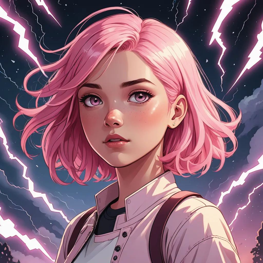 a girl with pink hair and lightning in the background, with lightning behind her, and a pink hair, shock art, a character portrait, Charlie Bowater, rossdraws global illumination