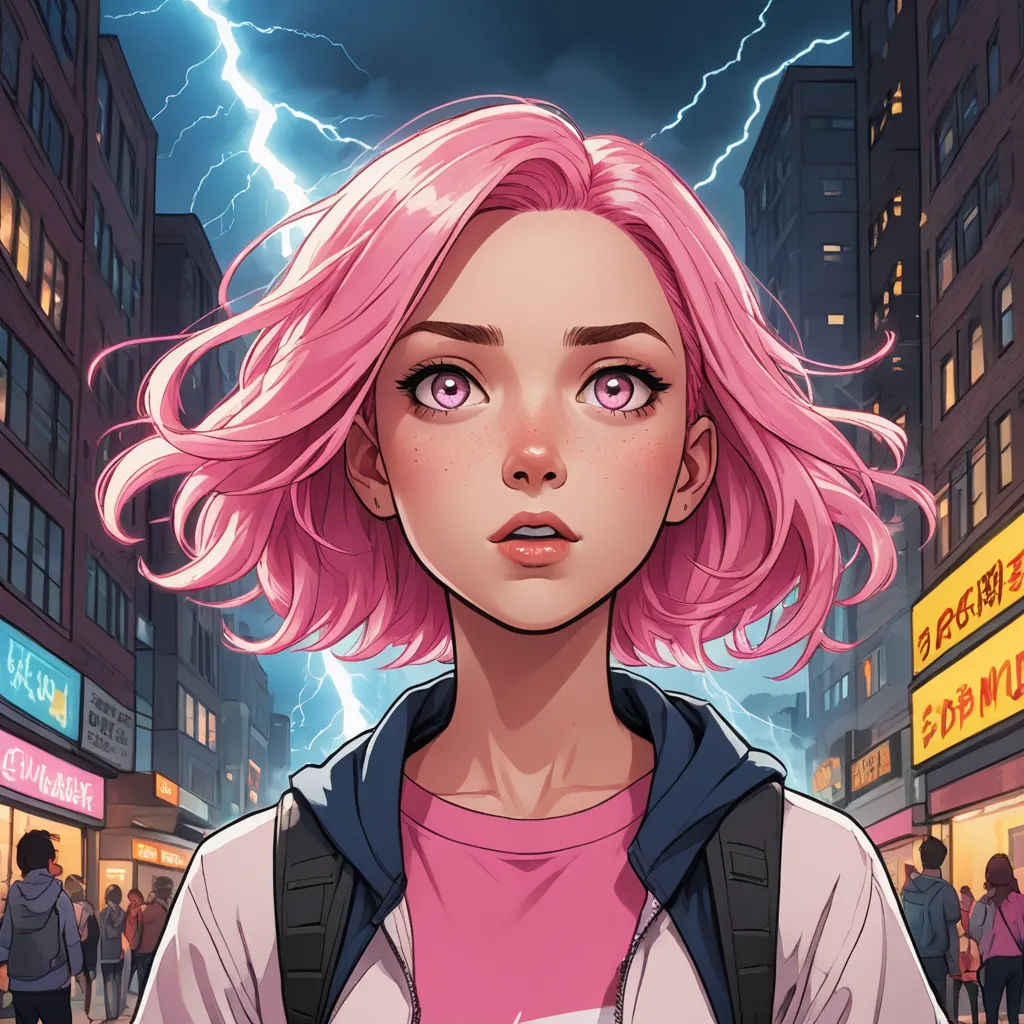 a girl with pink hair and a pink shirt is standing in a city street with a lightning in the background, shock art, a comic book panel, Artgerm, rossdraws global illumination