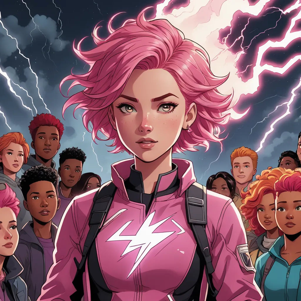a woman in a pink outfit surrounded by a group of people in the background with lightning in the sky, shock art, poster art, Artgerm, comic cover art