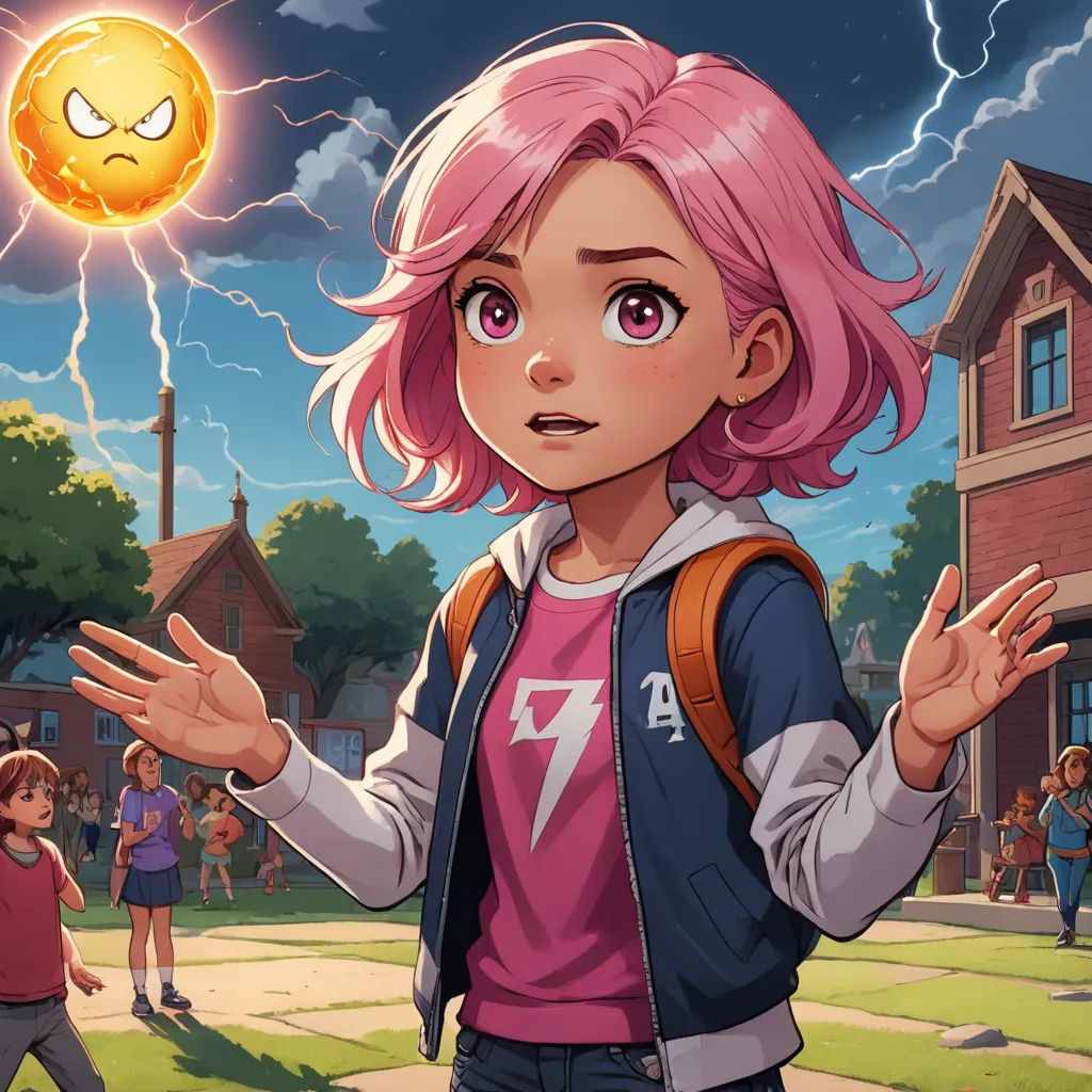 a girl with pink hair and a backpack standing in front of a house with a lightning bolt in the background, shock art, a comic book panel, Ada Gladys Killins, comic cover art