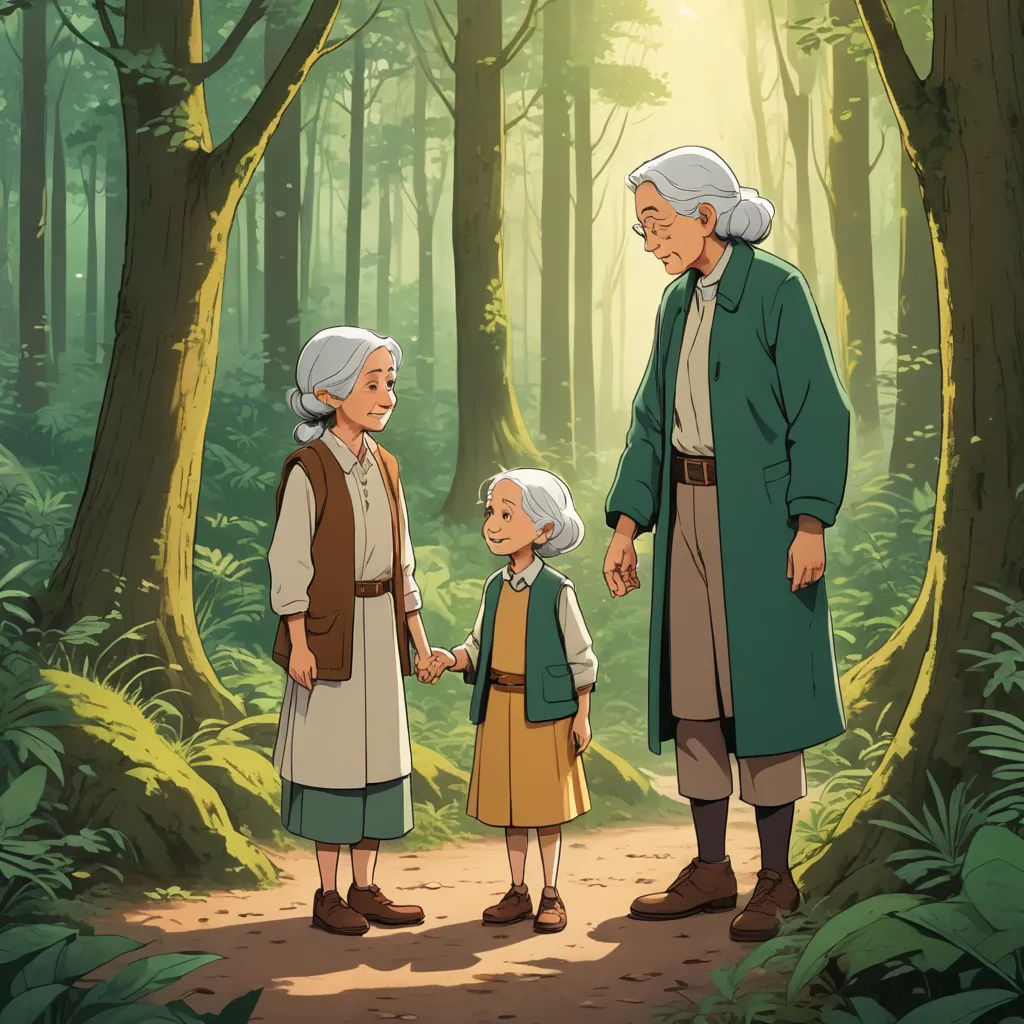 an older woman and two younger women standing in the woods with a young girl holding hands with an older woman, ukiyo-e, a storybook illustration, Anne Said, ghibli