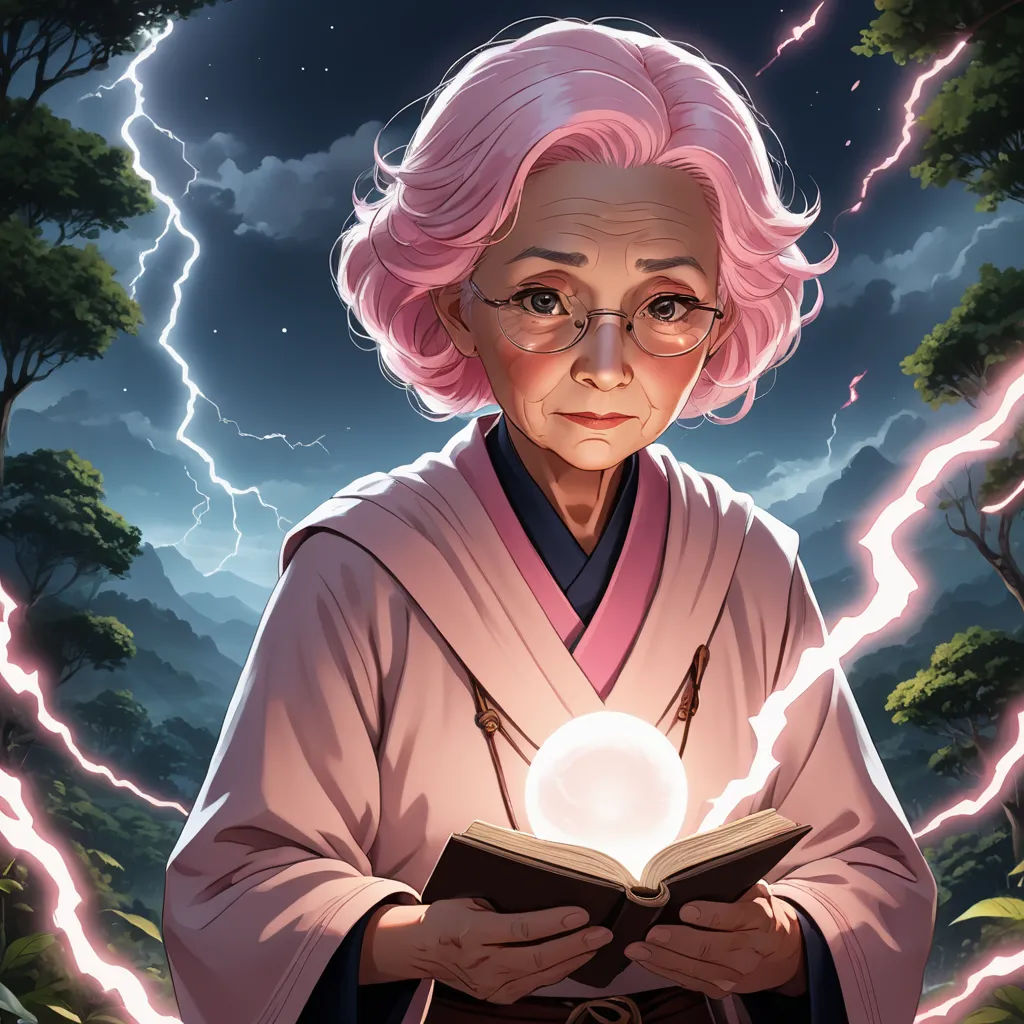 a woman with pink hair and glasses holding a book in her hands and lightning behind her, and a sky with clouds and lightning behind her, fantasy art, a character portrait, Aaron Jasinski, rossdraws global illumination