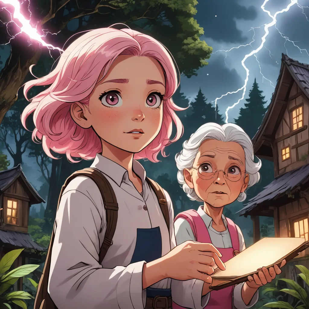 a woman holding a book next to an older woman in front of a house with lightning in the background, fantasy art, a storybook illustration, Ada Gladys Killins, rossdraws global illumination